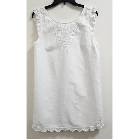 Sézane White Linen Embroidered Dress Size 40 Eyelet Ruffle Trim Mini Tunic Boho - Picture 2 of 12